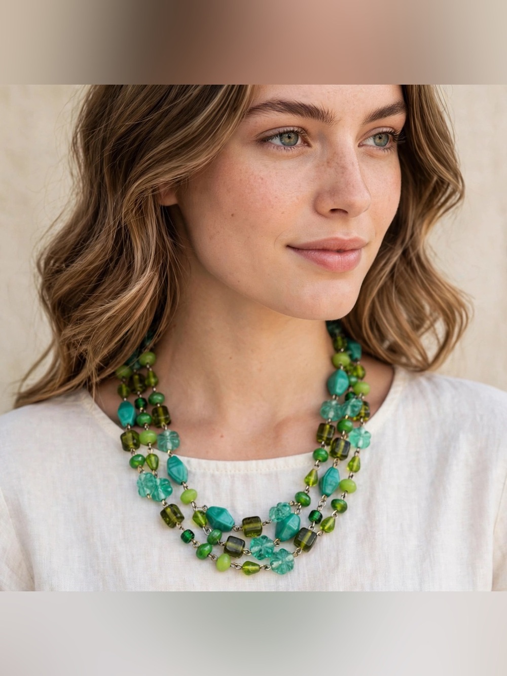 Green Multi Strand Beaded Statement Necklace Silver Tone Lobster Clasp